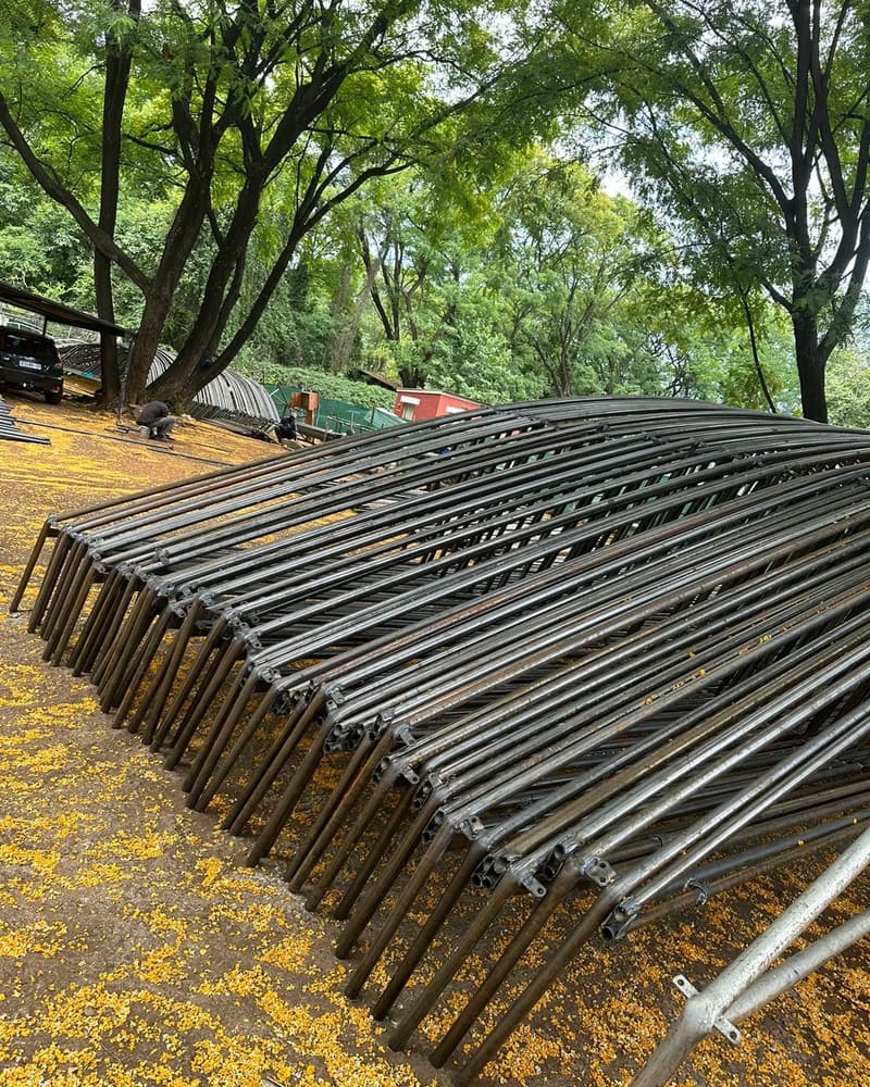 Stack of fabricated steel tunnel arches at the workshop