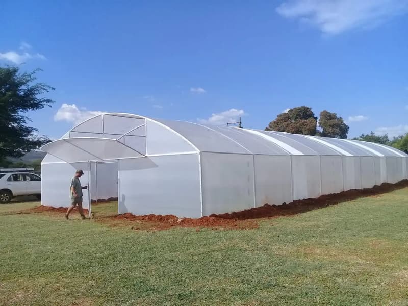 Two finished tunnels standing side by side in a grassy field